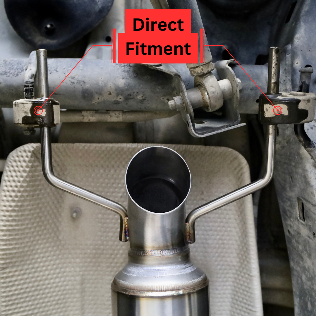 A close up of the underside of a vehicle with an installed 2005-2023 Lexus GX470 & GX460 / Toyota 4Runner V8 Carven Exhaust High Clearance Dump Exit Exhaust System and text that says "Direct Fitment"