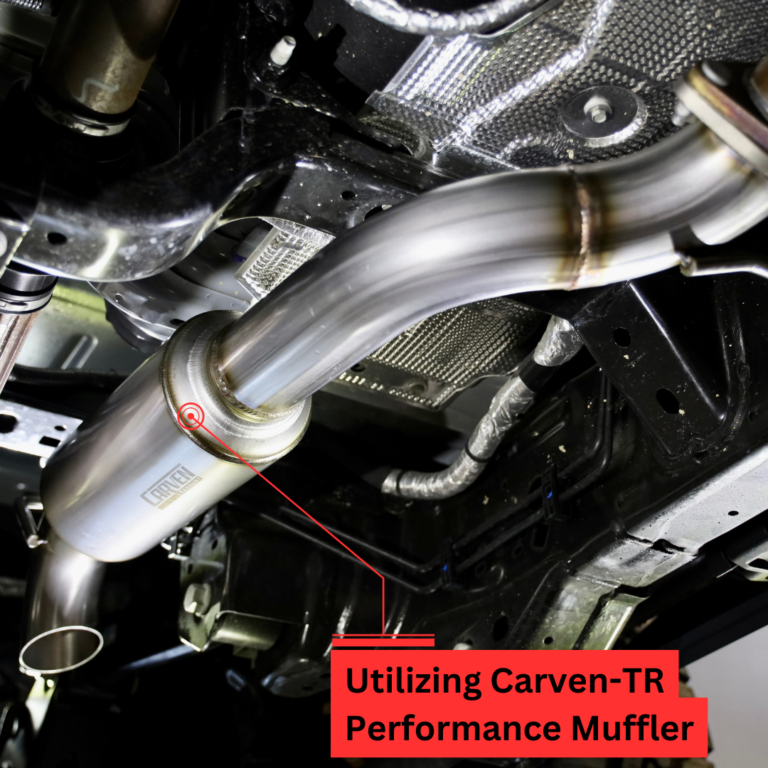 An installed 2021-2025 Ford Bronco 2.7L Carven Exhaust Dump Exit Kit on the underside of a vehicle, with text that says "Utilizing Carven-TR Performance Muffler"