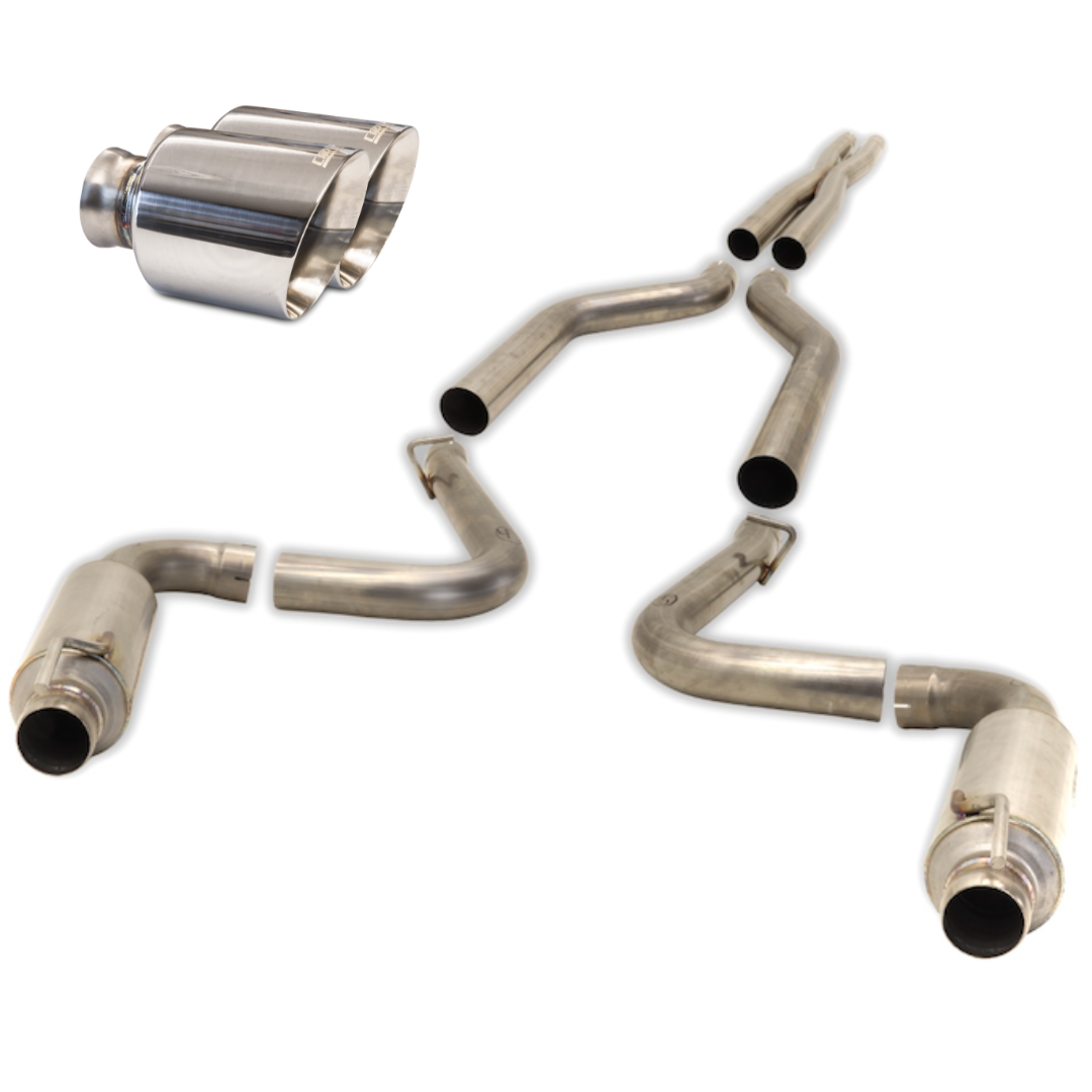 Product photo of a 2015-2023 Dodge Charger Carven Exhaust Cat-Back Exhaust Kit with polished stainless 5.0" exhaust tips