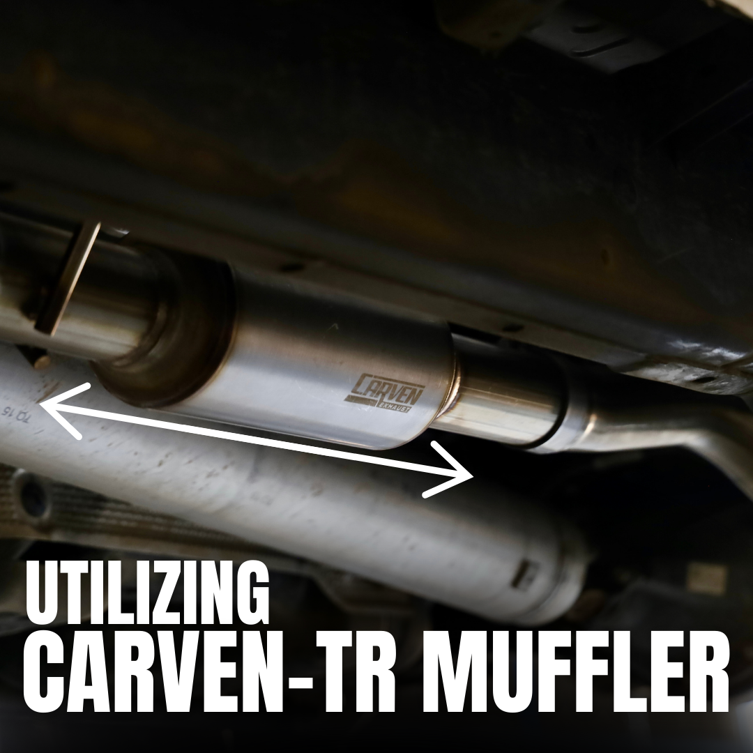 A close up photo of a 2024-2025 Toyota Tacoma Carven Exhaust Max Clearance Dump Exit Kit with text that reads "Utilizing Carven-TR Muffler"