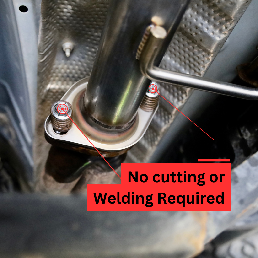 A close up of the underside of a vehicle with an installed 2005-2023 Lexus GX470 & GX460 / Toyota 4Runner V8 Carven Exhaust High Clearance Dump Exit Exhaust System and text that says "No cutting or Welding Required"