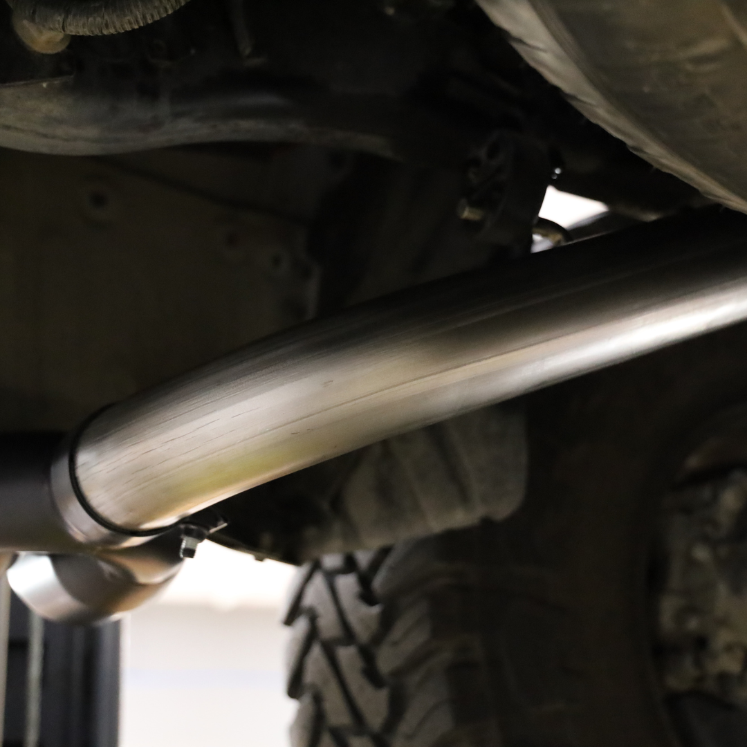 Another angle depicting the curve on the installed 2022-2025 Toyota Tundra Carven Exhaust Signature Clamp Back Kit