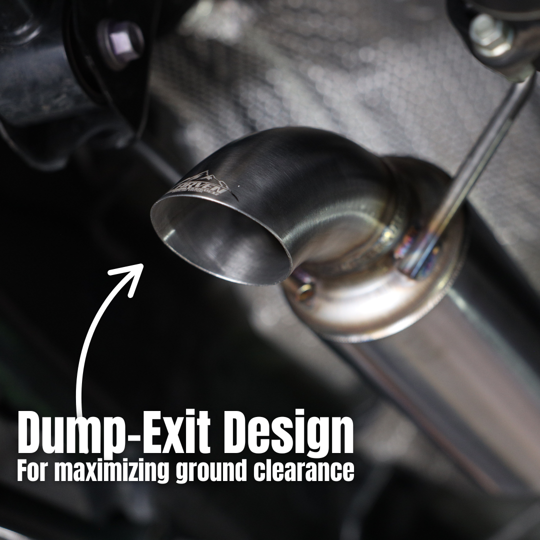 A close up of the dump-exit design of the 24-25 Toyota Land Cruiser Carven Exhaust Dump Exit Kit