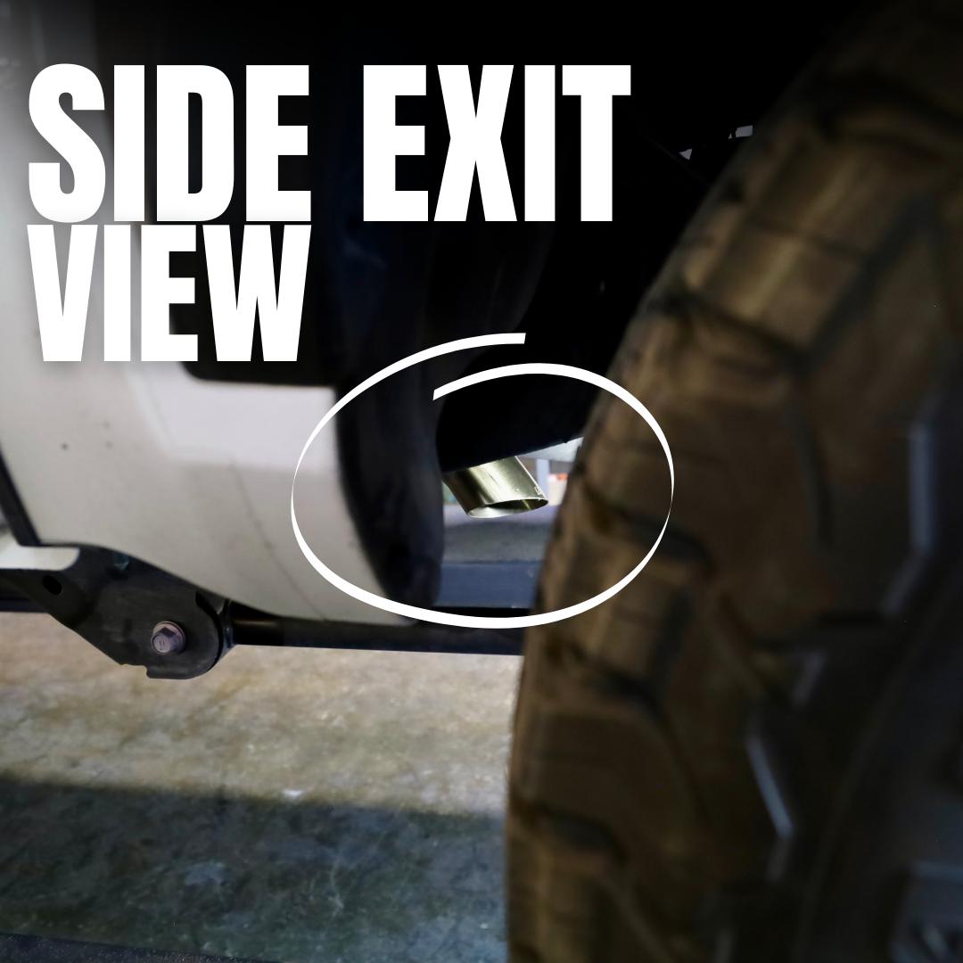 The end of an installed 2024-2025 Toyota Tacoma Carven Exhaust Max Clearance Dump Exit Kit circled with text that reads "Side exit view"