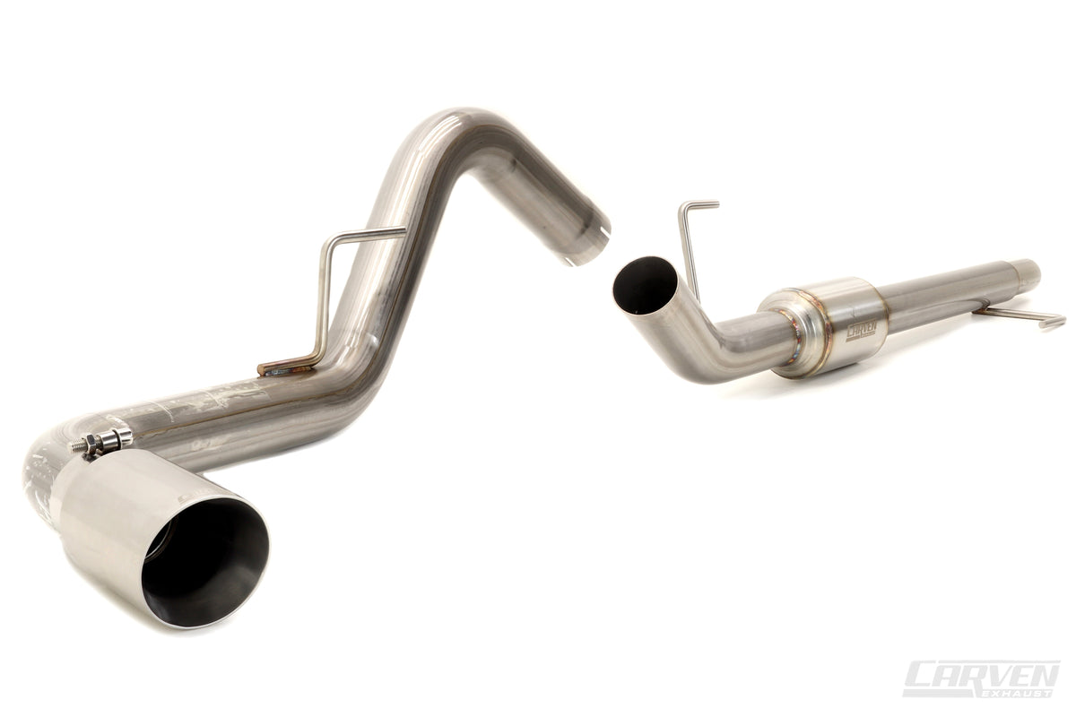 Product photo of a 2015-2020 Ford F-150 V8 Carven Exhaust Cat-Back Kit with 4" Single Exit Tip in the polished stainless color