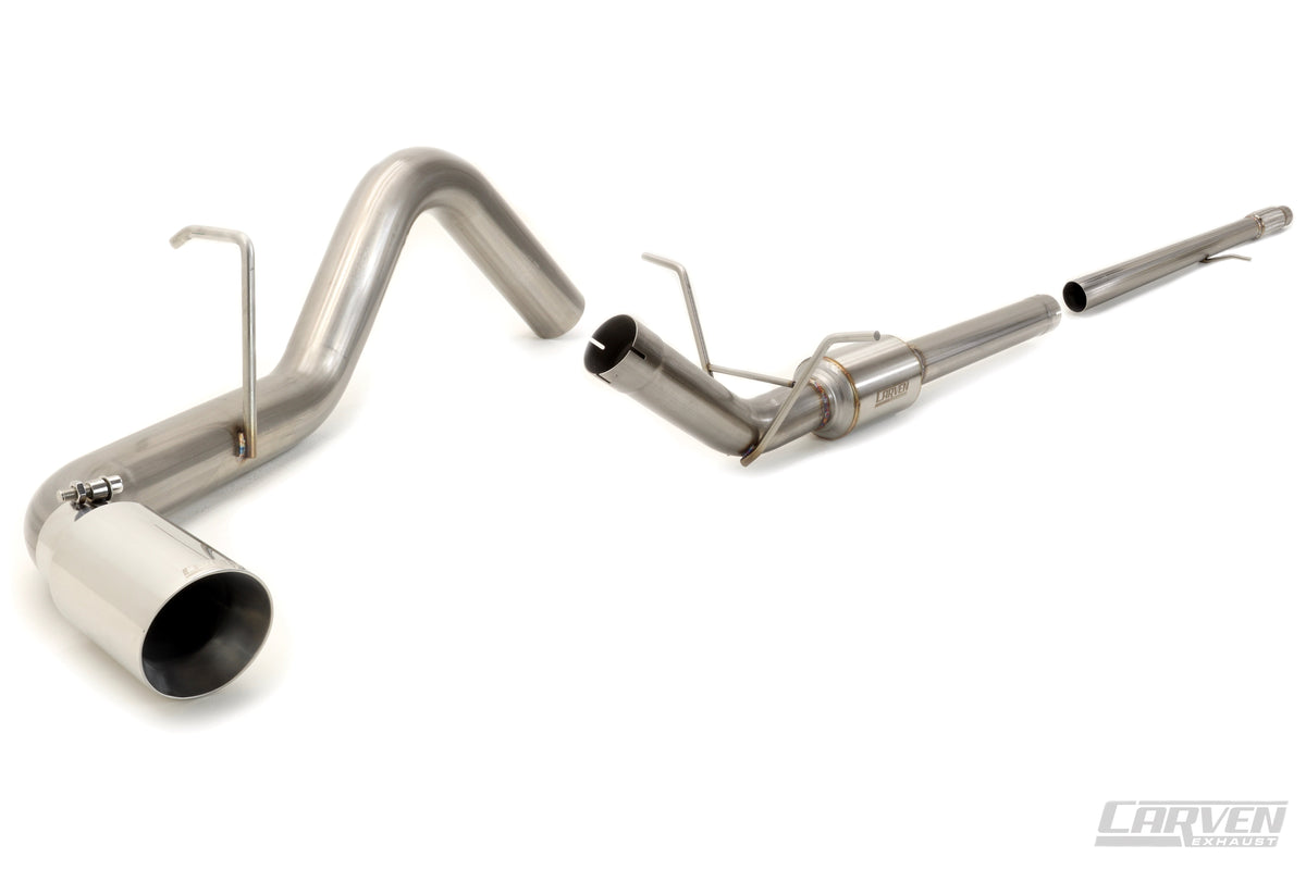 Product photo of a 2010-2018 Chevrolet Silverado & GMC Sierra 1500 Carven Exhaust COMPETITOR Series Cat-Back Exhaust Kit with polished stainless 4.0” Single Exit Tip