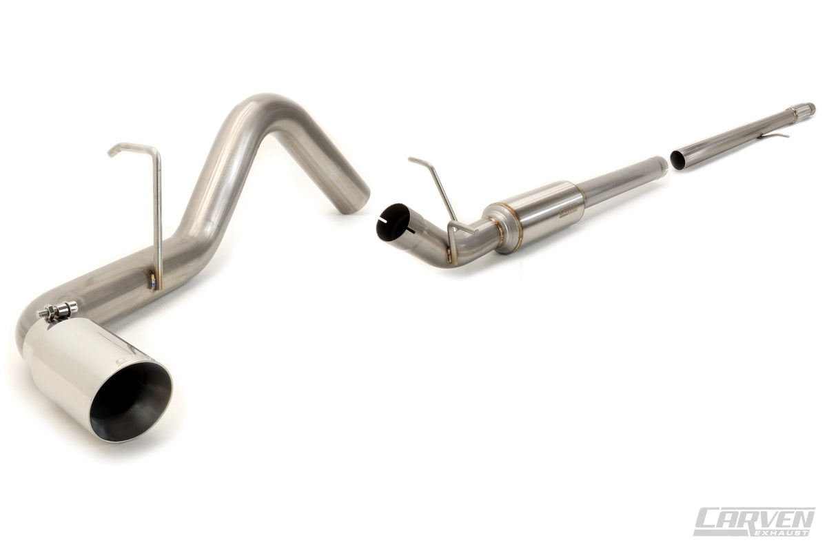 Product photo of a 2010-2018 Silverado & Sierra 1500 Carven Exhaust PROGRESSIVE Series Cat-Back Exhaust Kit with a polished stainless 4.0” Single Exit Tip