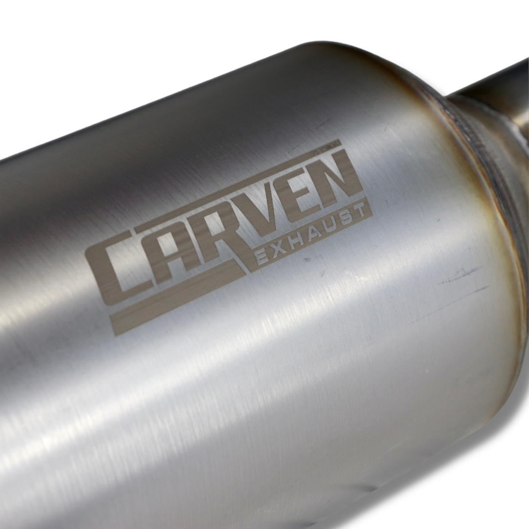 Extreme close up of the Carven Exhaust logo on the 2007-2014 Toyota FJ Cruiser Carven Exhaust High Clearance Dump Exit Exhaust System