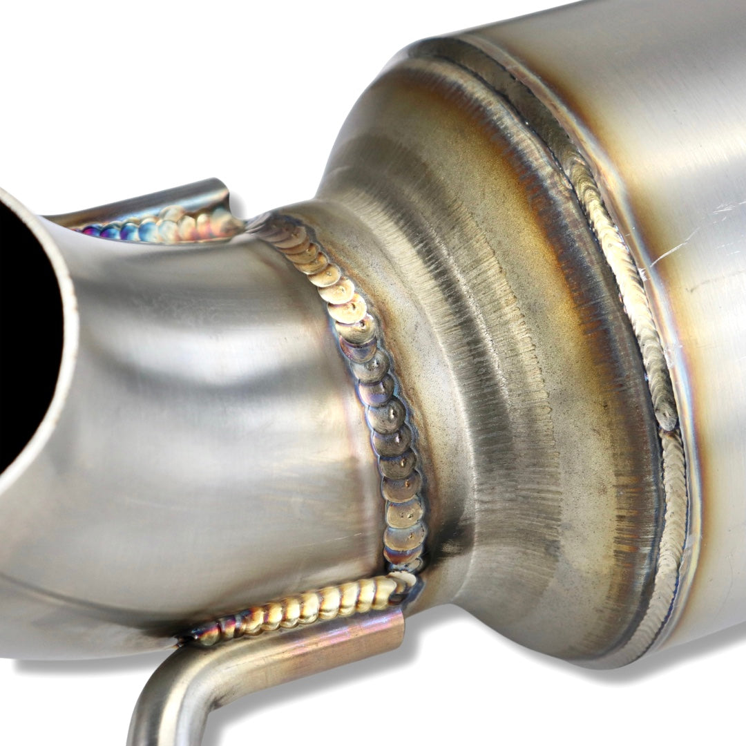 A close up of the welding on a 2005-2023 Lexus GX470 & GX460 / Toyota 4Runner V8 Carven Exhaust High Clearance Dump Exit Exhaust System