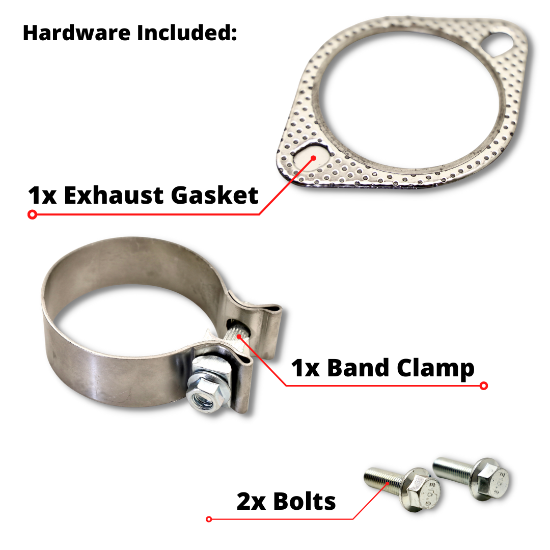 A photo that shows the hardware included. An exhaust gasket labeled with text that says "1x Exhaust Gasket", a band clamp labeled with text that says "1x Band Clamp", and two bolts labeled with text that says "2x Bolts"
