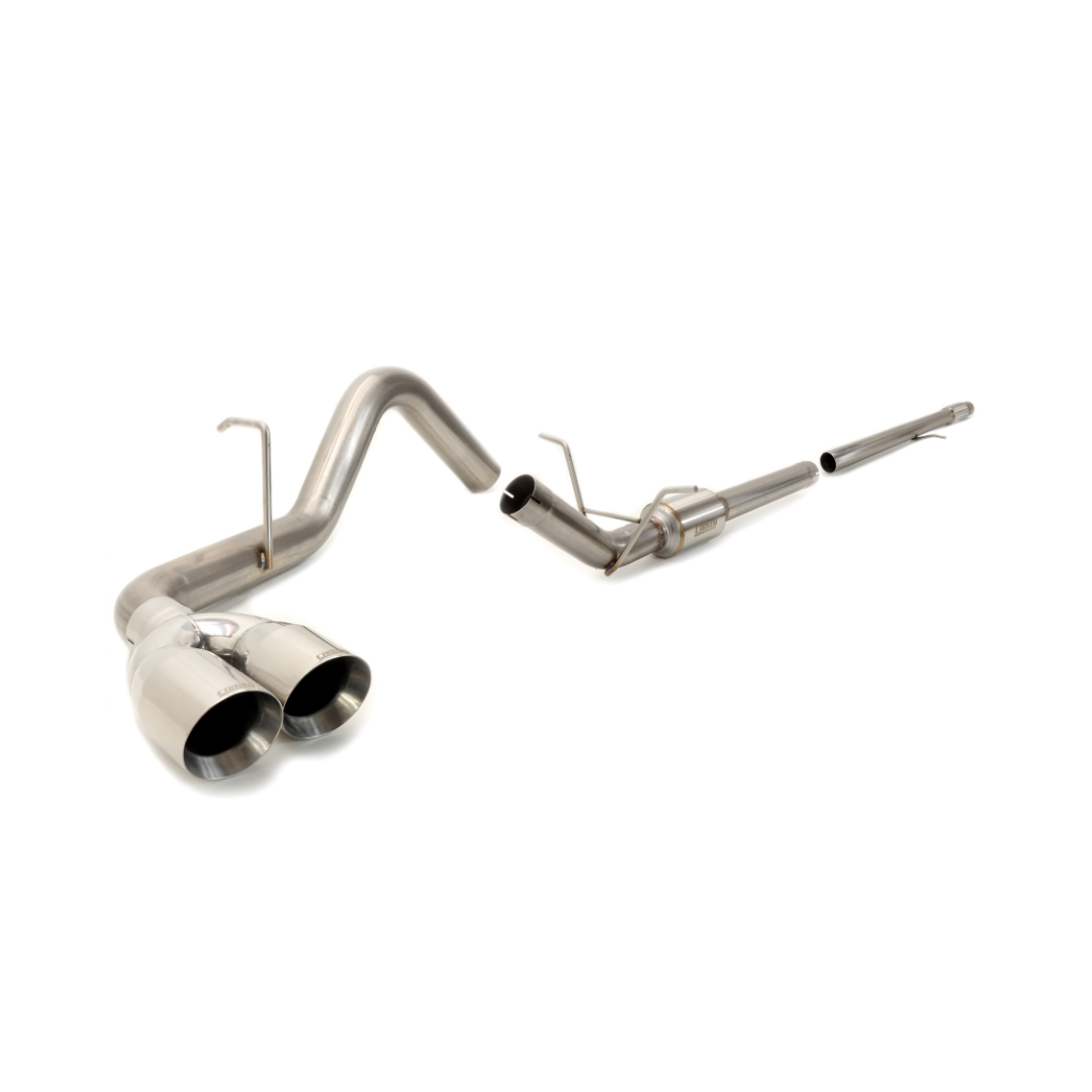 Product photo of a 2010-2018 Silverado & Sierra 1500 Carven Exhaust COMPETITOR Series Cat-Back Kit with a Polished 4.0” Dual Exit Stainless Steel Tip