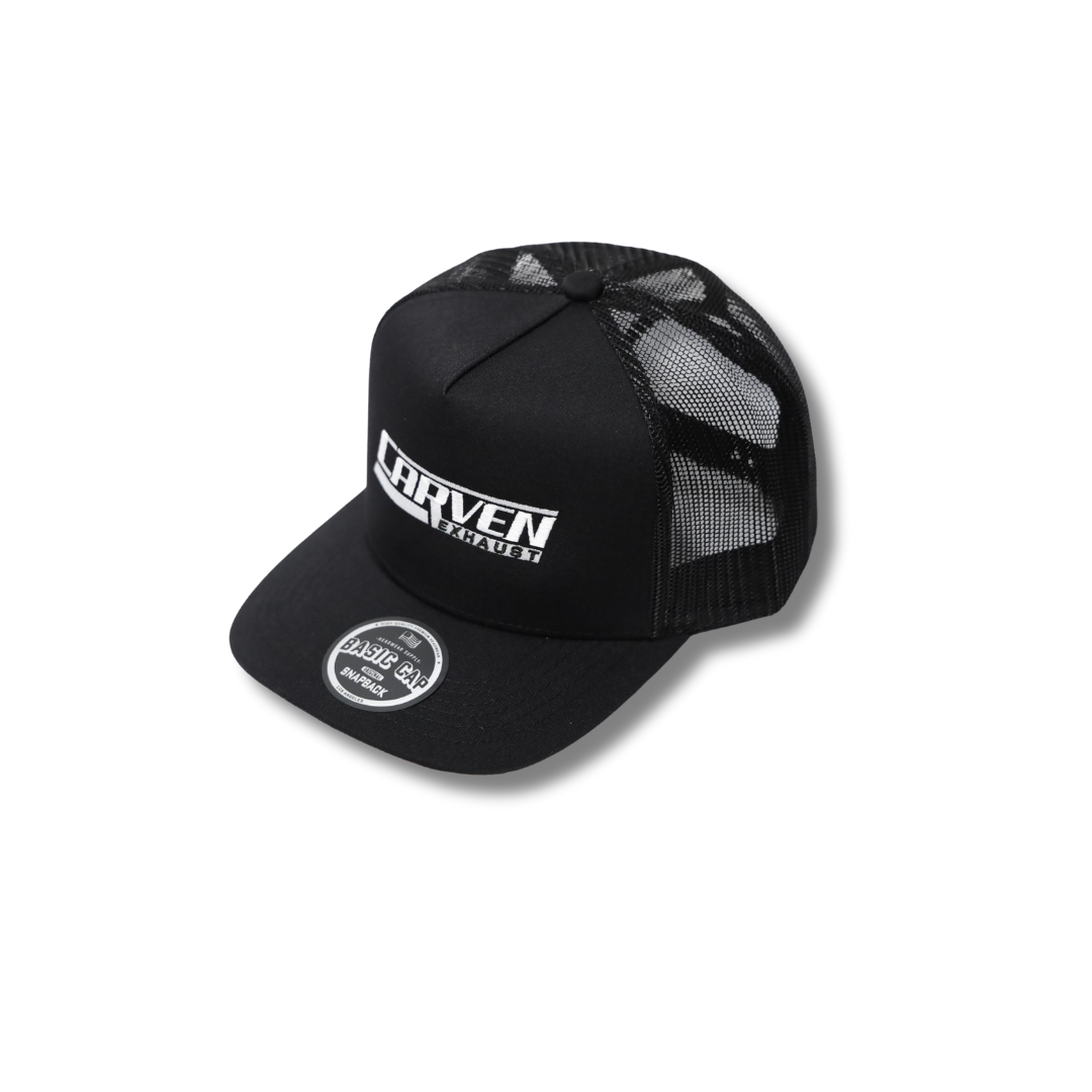 Product photo of a black hat with a white Carven Exhaust logo