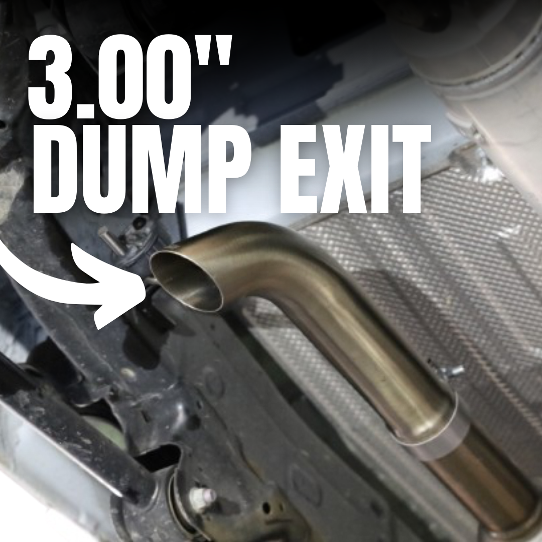 Close up of the end of an installed 2024-2025 Toyota Tacoma Carven Exhaust Max Clearance Dump Exit Kit and text that reads "3.00 inch Dump Exit"