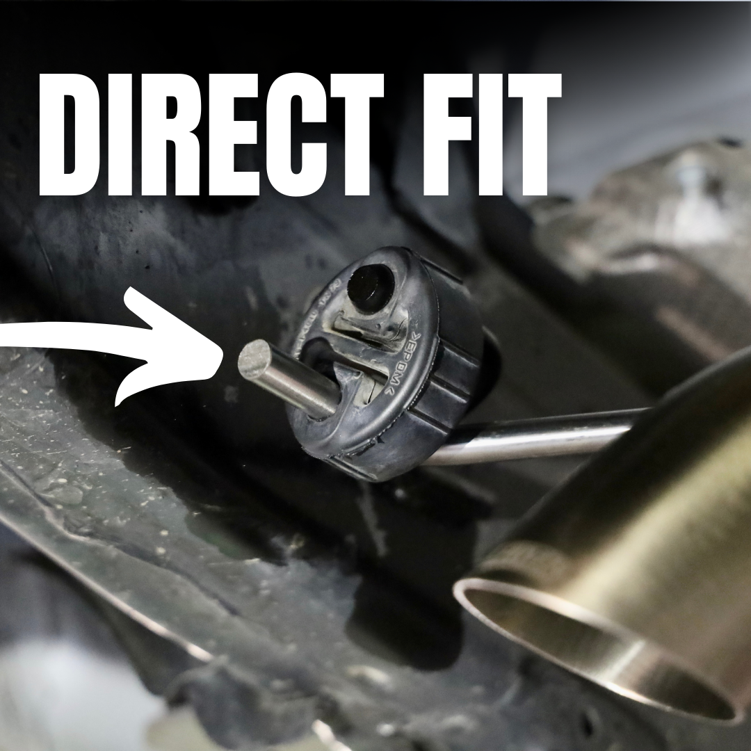 Close up of an installed 2024-2025 Toyota Tacoma Carven Exhaust Max Clearance Dump Exit Kit and text that reads "Direct fit"