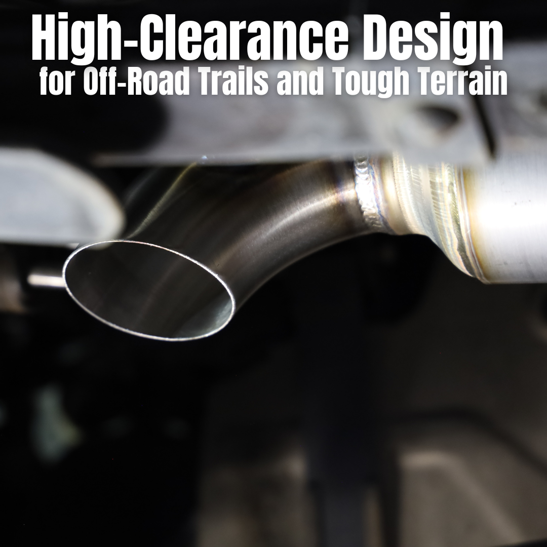 A close up of the end of the 2005-2015 Toyota Tacoma 4.0L Short Bed Carven Exhaust Dump Exit Exhaust Kit with text that reads "High-Clearance Design for Off-Road Trails and Tough Terrain"