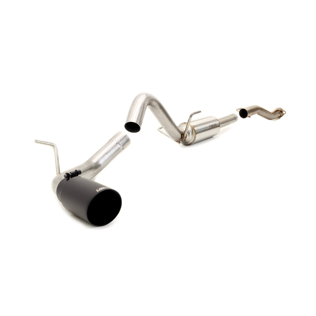 Product photo of a 2016-2023 Toyota Tacoma 3.5L Carven Exhaust Cat-Back Exhaust Kit with a cerakote black 4.0” Single Exit Tip