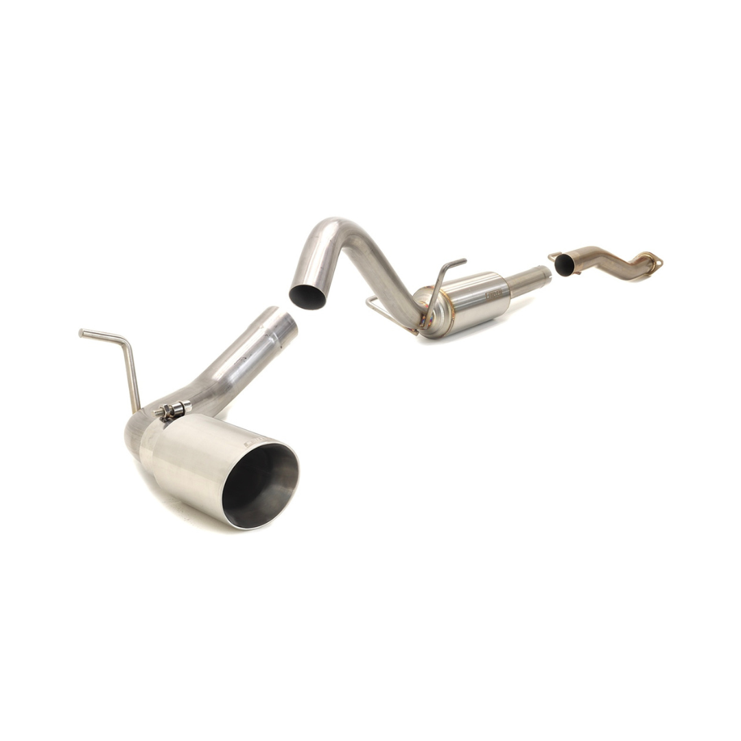 Product photo of a 2016-2023 Toyota Tacoma 3.5L Carven Exhaust Cat-Back Exhaust Kit with a polished stainless 4.0” Single Exit Tip