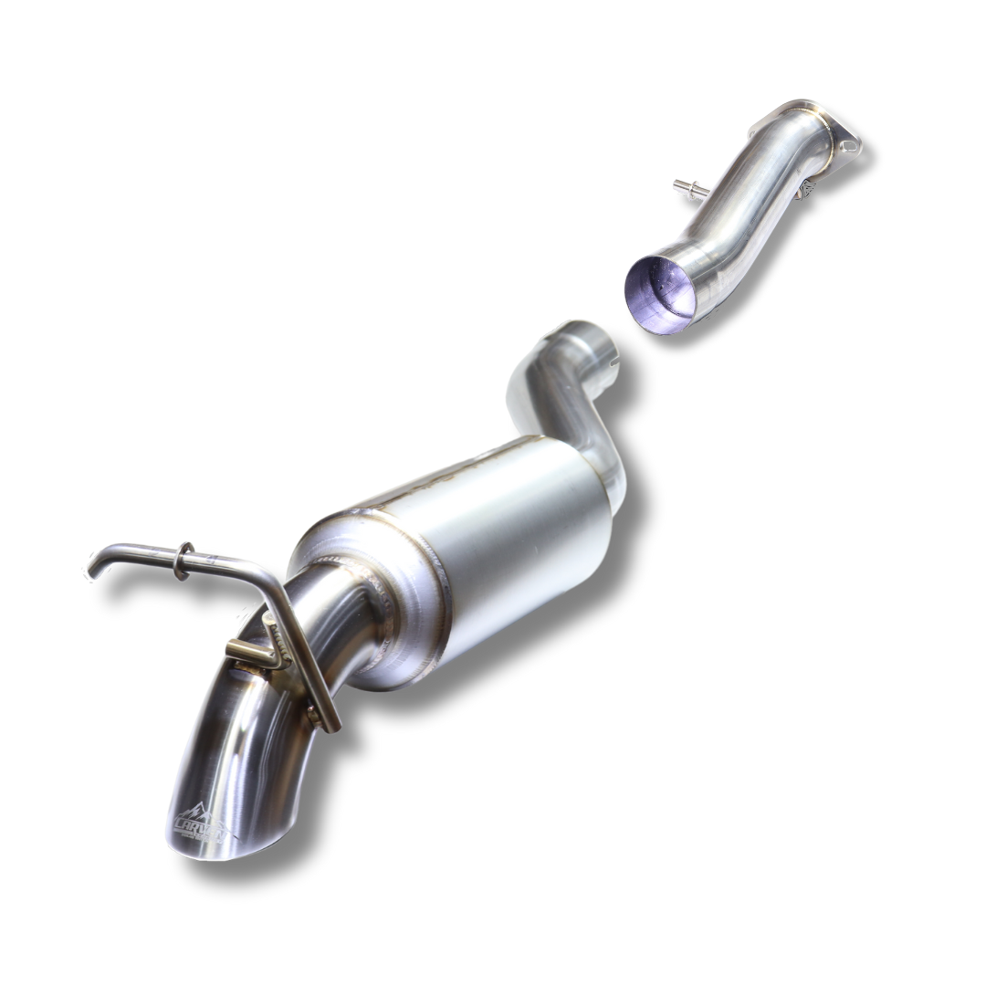 A product photo of a stainless steel Carven Exhaust dump exit kit for the 2021-2025 Ford Bronco, featuring a muffler and tailpipe.