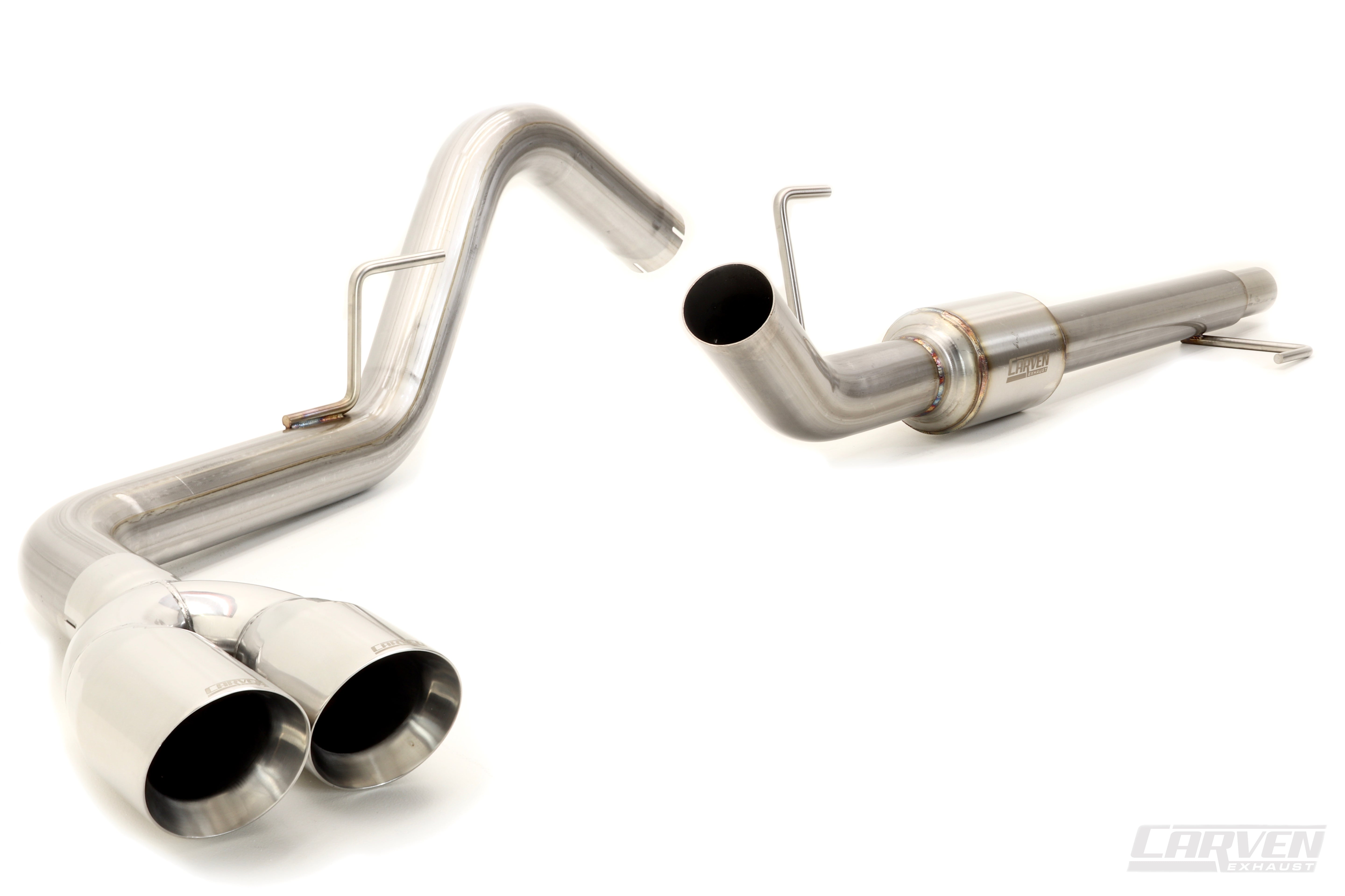 Product photo of a 2015-2020 Ford F-150 V8 Carven Exhaust Cat-Back Kit with a polished stainless 4" Dual Exit Tip