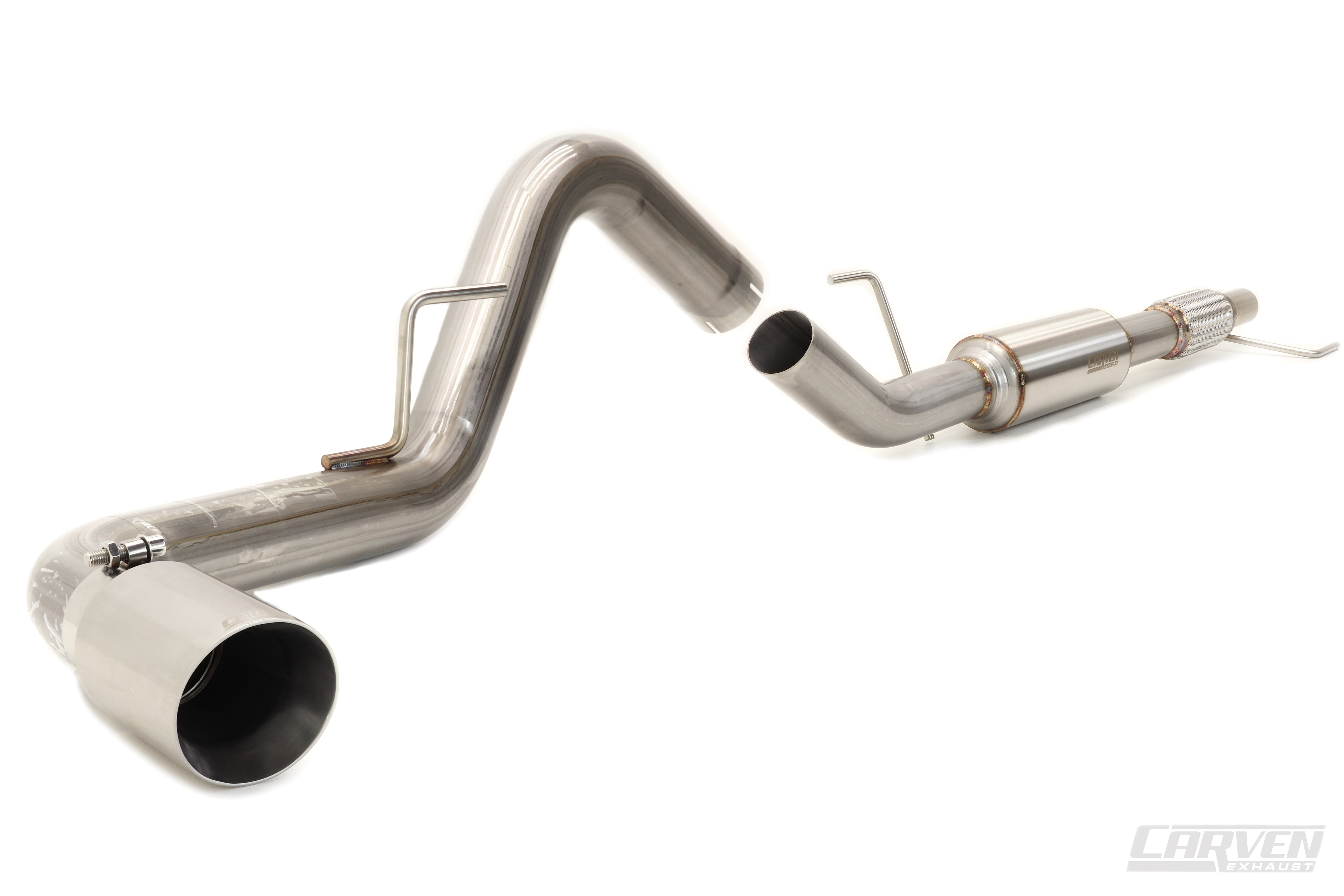 Product photo of a 2015-2020 Ford F-150 Eco-Boost Cat-Back Kit with a 4" Exhaust Tip in the polished stainless color