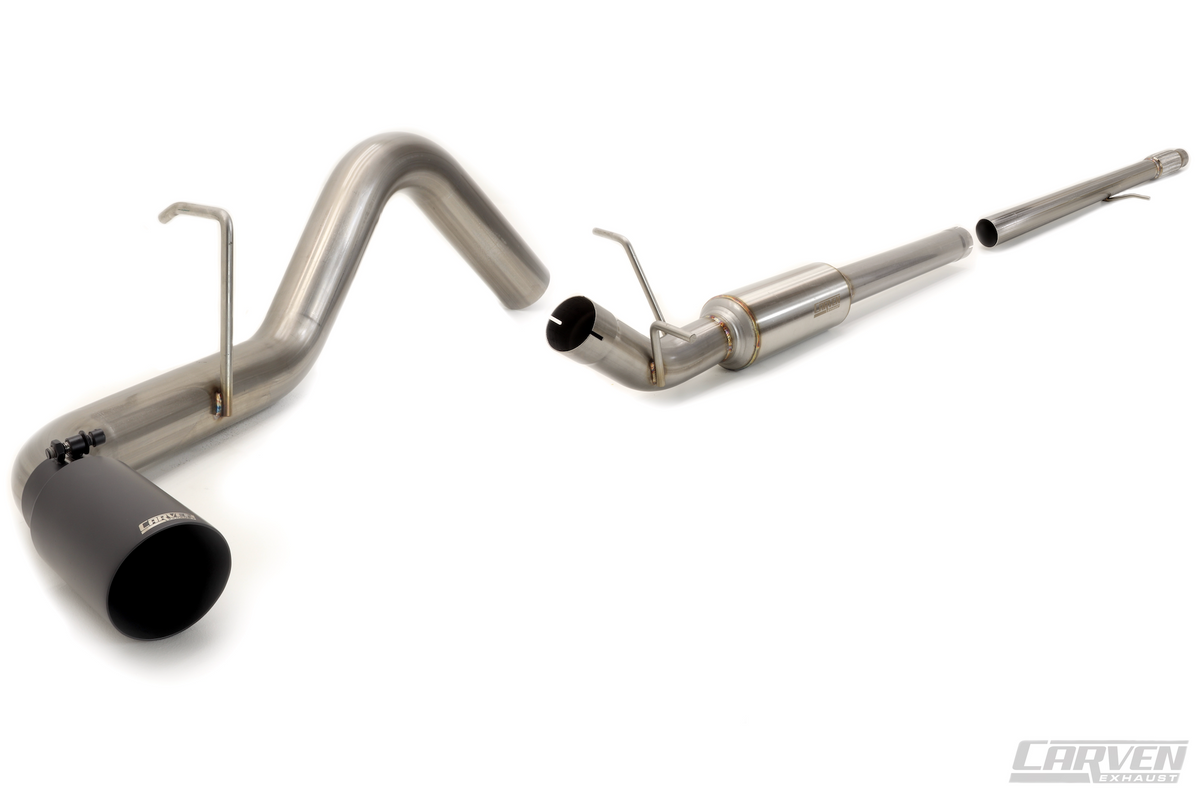 Product photo of a 2010-2018 Silverado & Sierra 1500 Carven Exhaust PROGRESSIVE Series Cat-Back Exhaust Kit with a cerakote black 4.0” Single Exit Tip