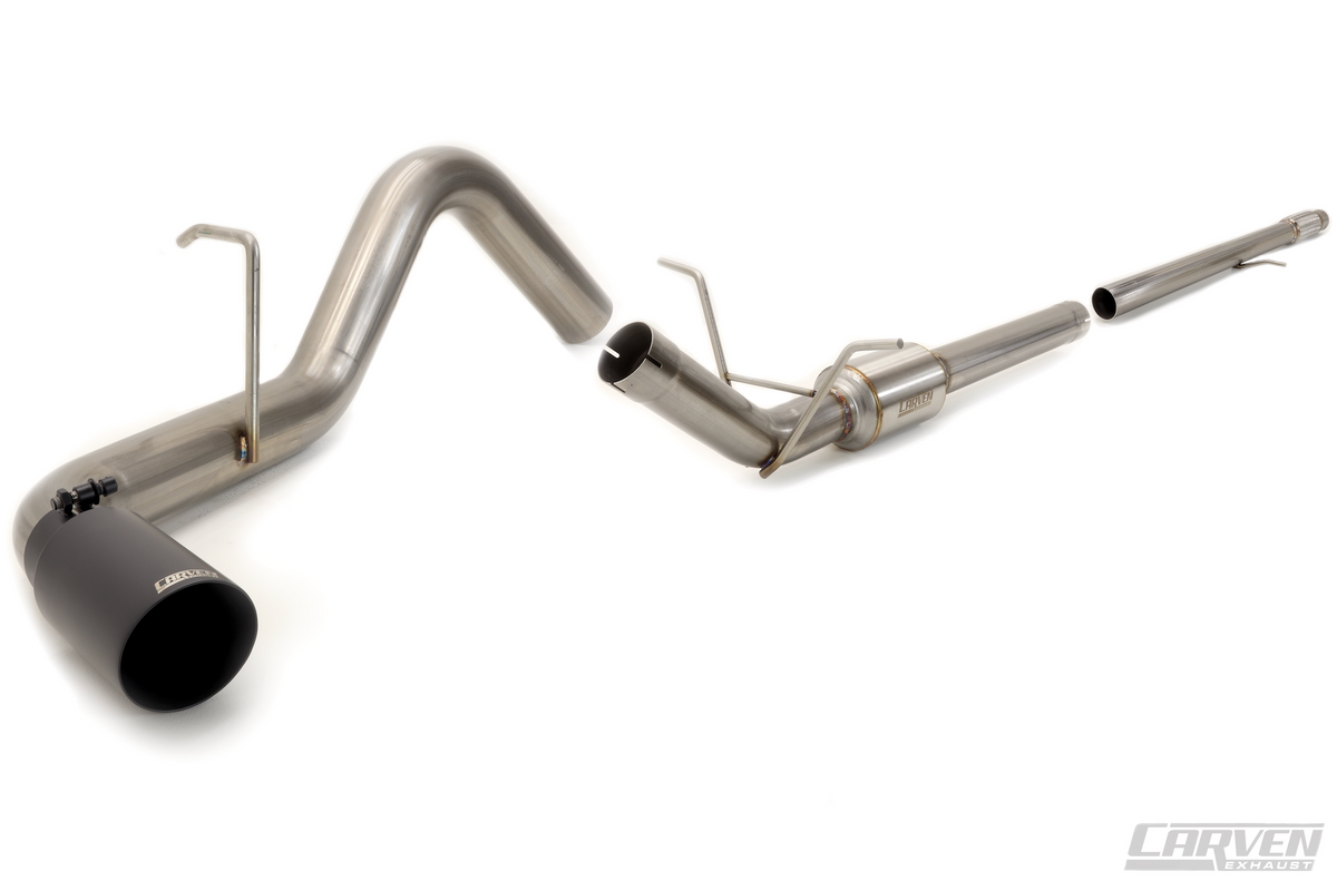 Product photo of a 2010-2018 Chevrolet Silverado & GMC Sierra 1500 Carven Exhaust COMPETITOR Series Cat-Back Exhaust Kit with a cerakote black 4.0” Single Exit Tip