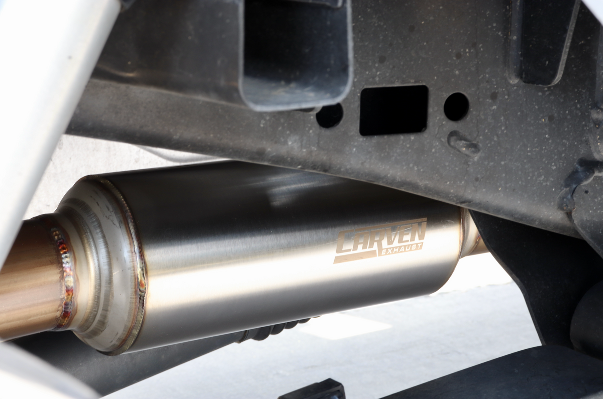 A close up of a 2015-2020 Ford F-150 Eco-Boost Cat-Back Kit with a Carven Exhaust logo