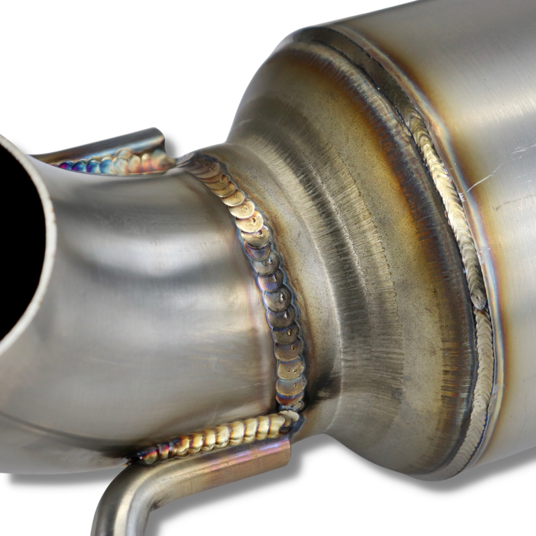 An extreme close up of the welding on the 2007-2014 Toyota FJ Cruiser Carven Exhaust High Clearance Dump Exit Exhaust System