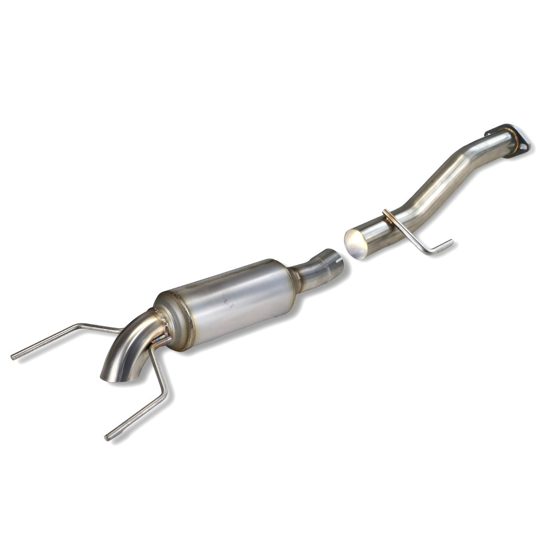 A product photo of a stainless color 2003-2024 Toyota 4Runner Carven Exhaust High Clearance Dump Exit Exhaust System