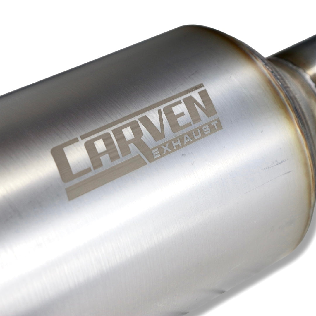 A close up of the Carven Exhaust logo on the 2003-2024 Toyota 4Runner Carven Exhaust High Clearance Dump Exit Exhaust System