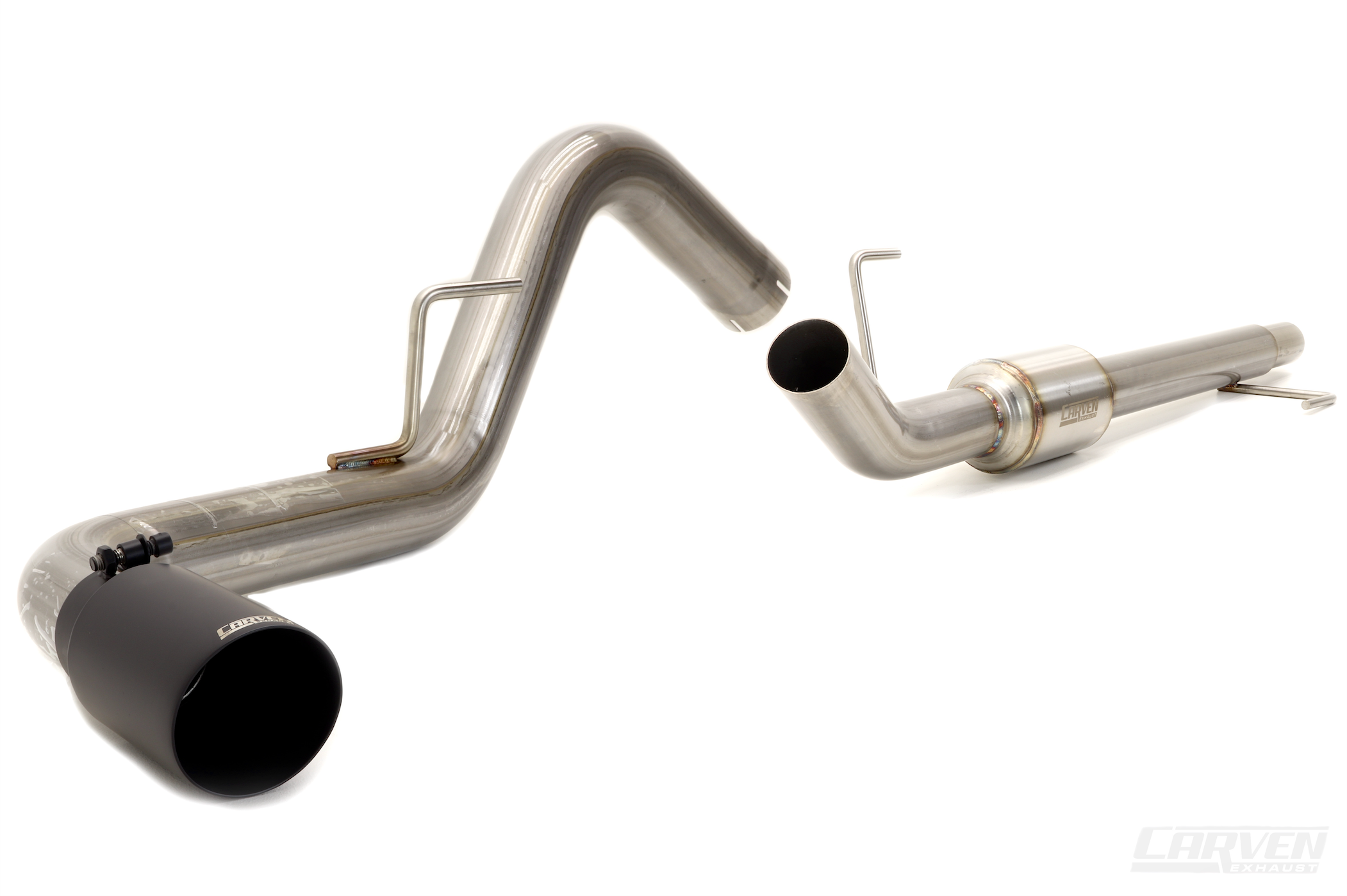 Product photo of a 2015-2020 Ford F-150 V8 Carven Exhaust Cat-Back Kit with 4" Single Exit Tip in the cerakote black color