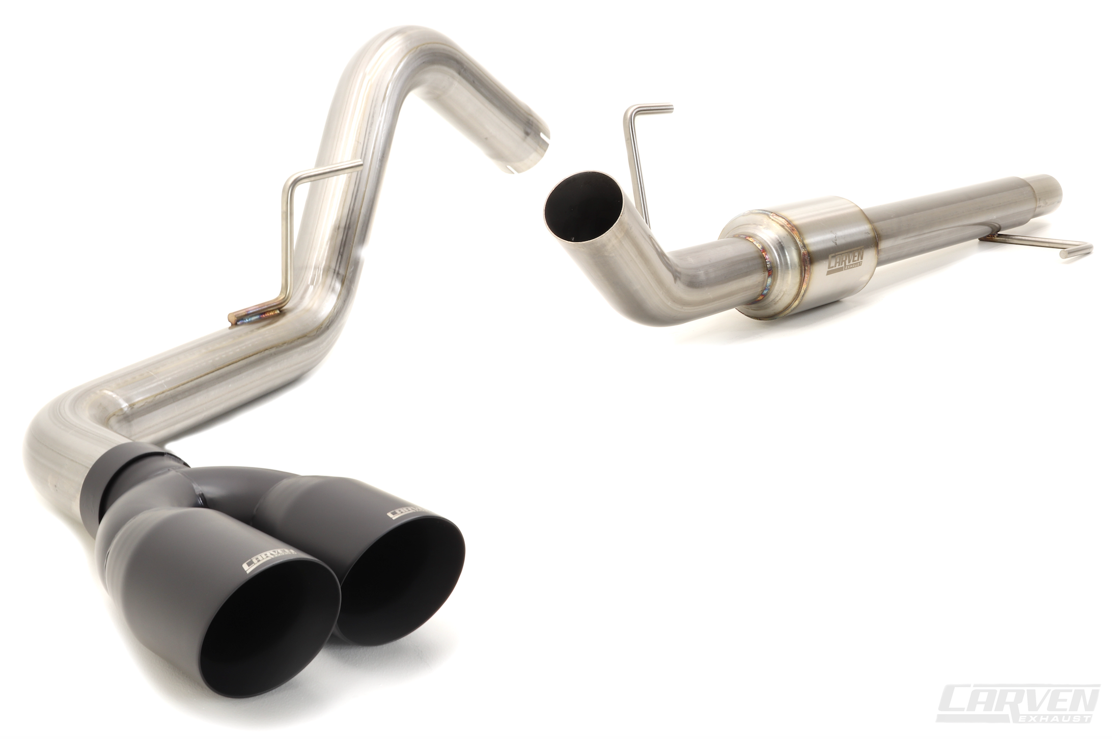 Product photo of a 2015-2020 Ford F-150 V8 Carven Exhaust Cat-Back Kit with a Cerkaote black 4" Dual Exit Tip