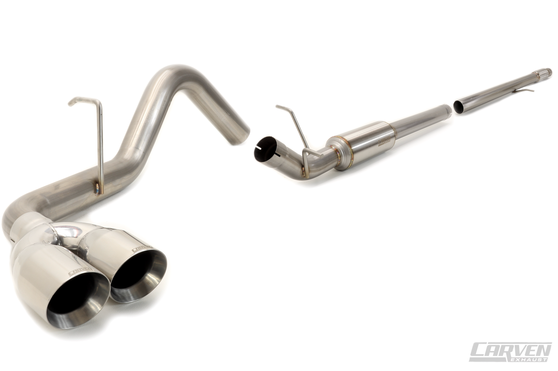 Product photo of a 2010-2018 Silverado & Sierra 1500 Carven Exhaust PROGRESSIVE Series Cat-Back Exhaust Kit with a Polished stainless 4.0” Dual Exit Stainless Steel Tip