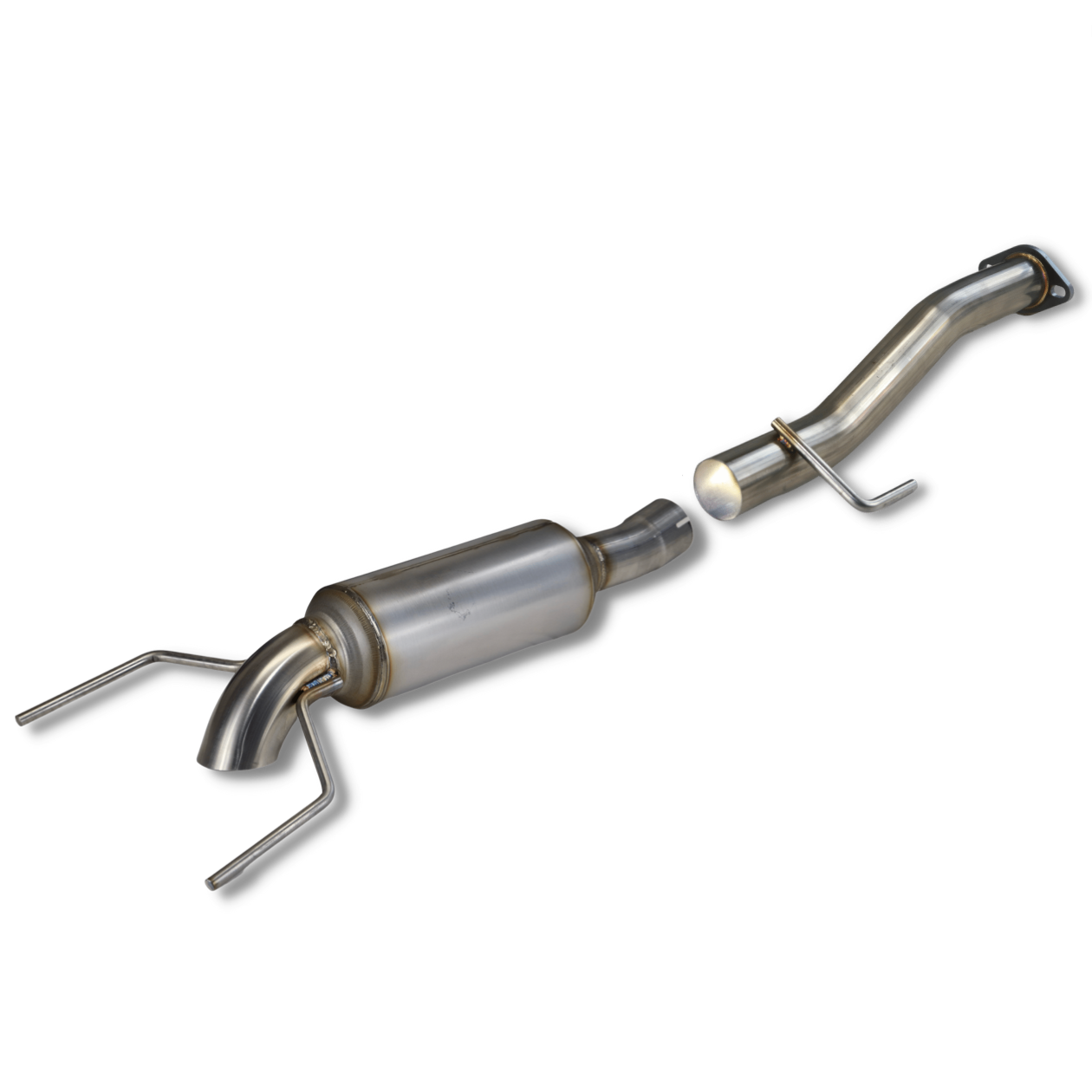 A product photo of a stainless steel 2007-2014 Toyota FJ Cruiser Carven Exhaust High Clearance Dump Exit Exhaust System