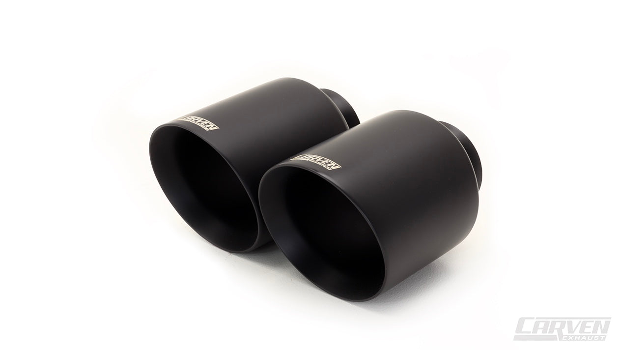 Product photo of a 2015-2023 Dodge Charger Carven Exhaust 5.0" Tip Replacement Set in the ceramic coated black color
